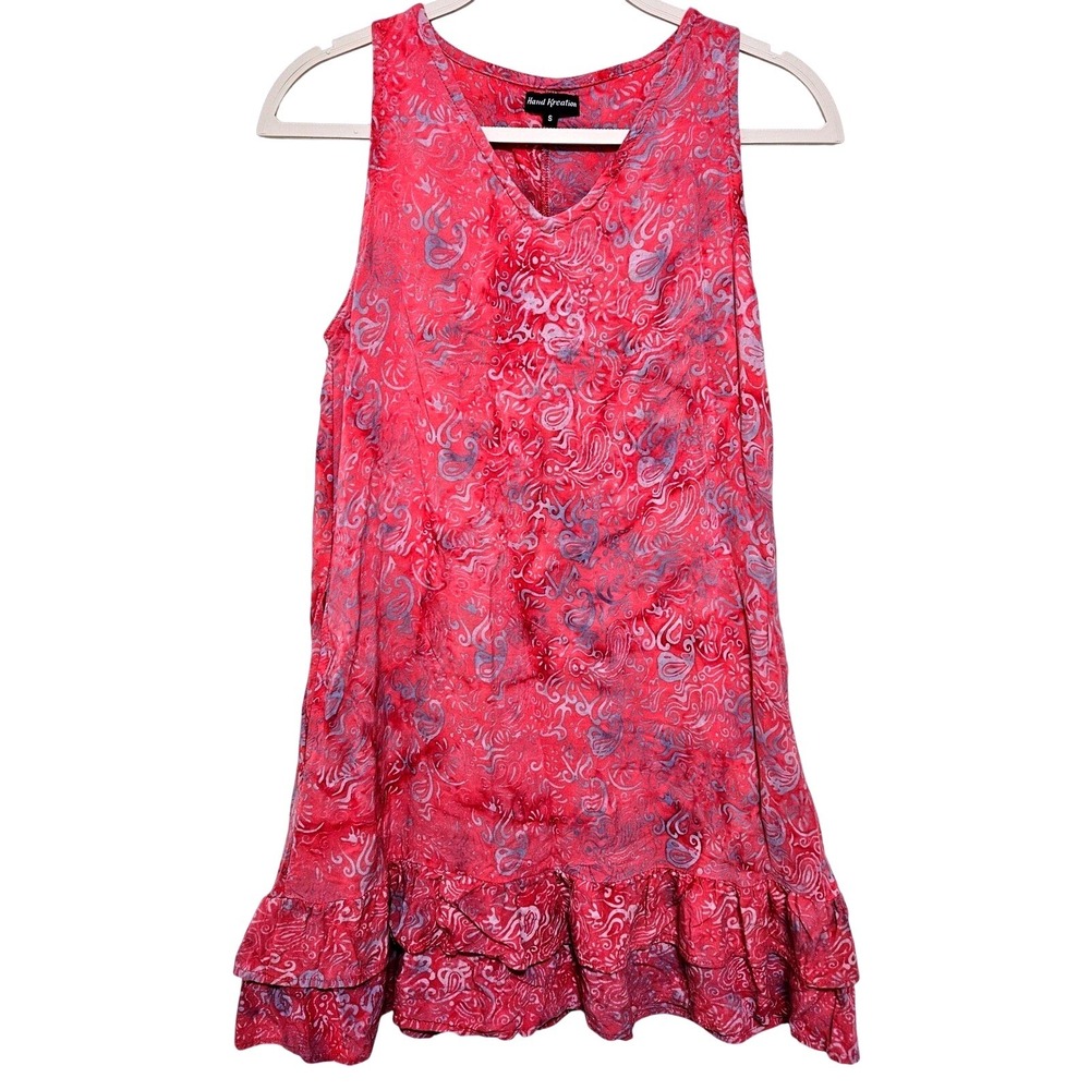 Hand Kreation Batik Ruffle Hem Rayon Mini Dress S Boho Beach Pink Paisley